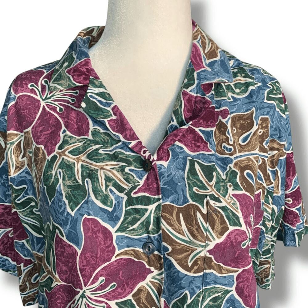 Vintage Hilo Hattie Hawaiian Shirt Camp Collar Tropical Floral Beach Vacation